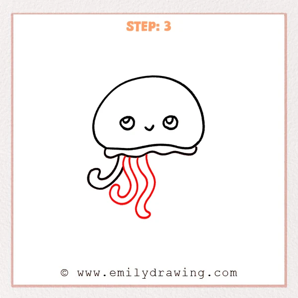 how to draw a cartoon jellyfish - Step 3 shows a cartoon jellyfish with several new long, wavy tentacles added beneath the frill.
